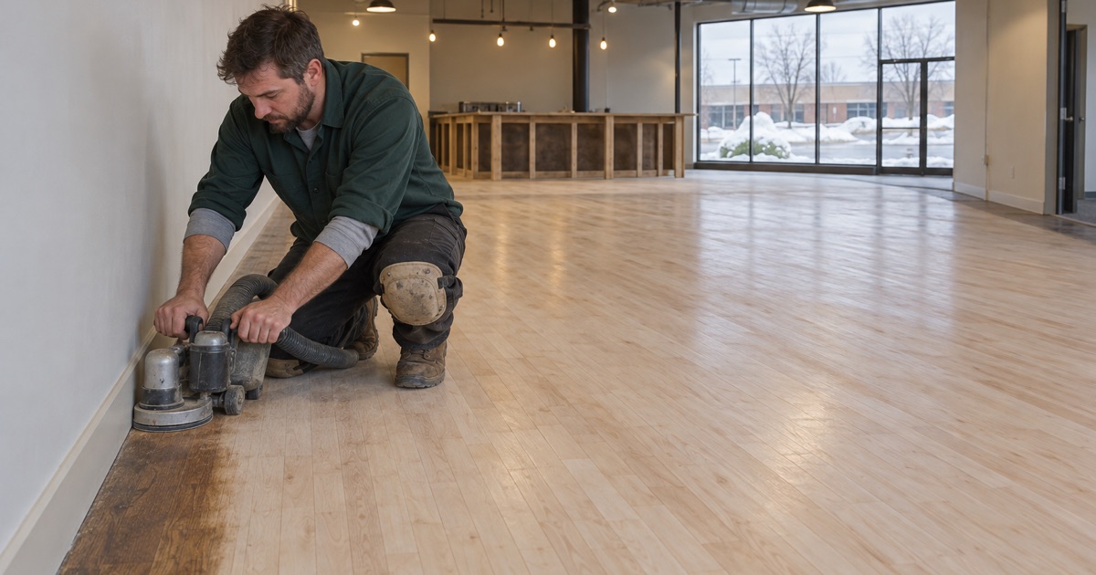 Worker running an edger along the wall of an empty Eden Prairie taproom, the maple floor cut back pale across the open field.