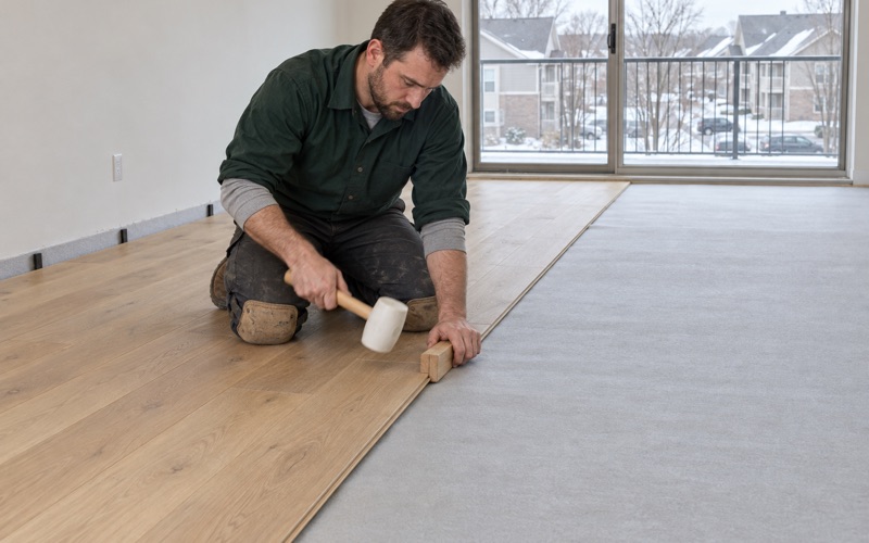 Installer striking a tapping block against the exposed edge of an engineered white oak plank in an Eden Prairie condominium, the acoustical mat running out ahead of the work.