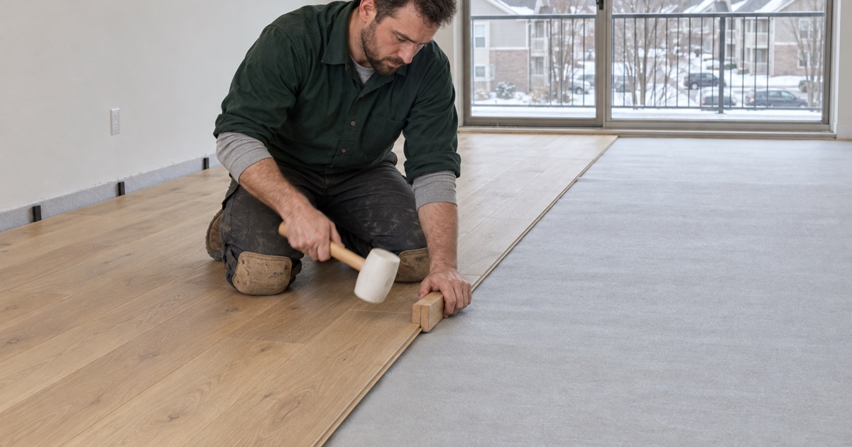 Installer striking a tapping block against the exposed edge of an engineered white oak plank in an Eden Prairie condominium, the acoustical mat running out ahead of the work.