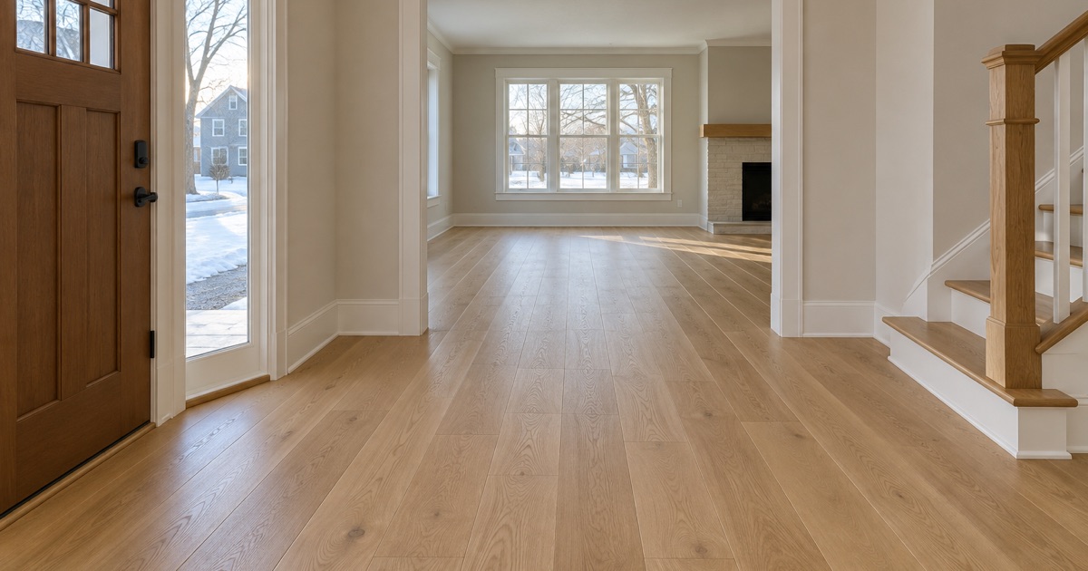 A finished white oak entry hall in an Eden Prairie house, the boards running through a cased opening with low winter light across them.