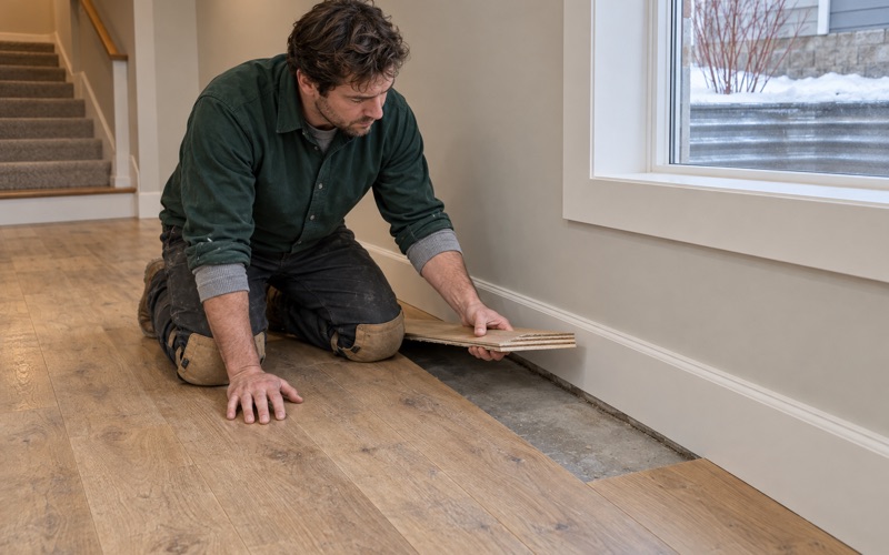 Worker turning the sawn end of an engineered white oak plank to camera in an Eden Prairie lower level, showing how much wear layer sits above the core.