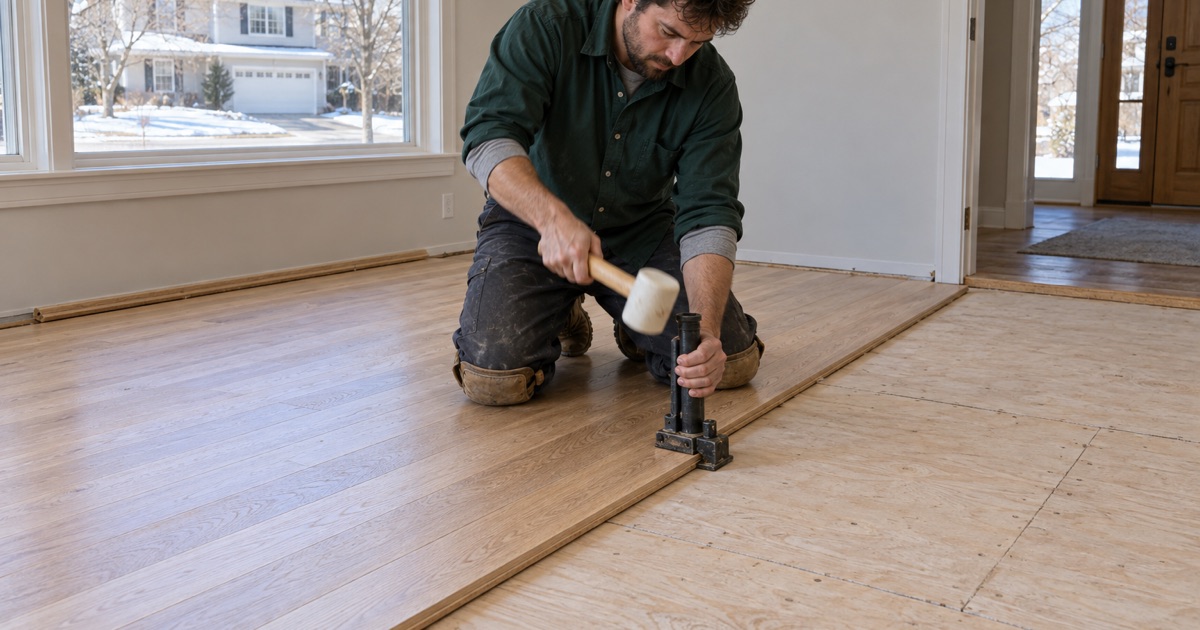 Installer seating a flooring nailer on the tongue of a white oak board in an Eden Prairie house and striking the plunger with a mallet.