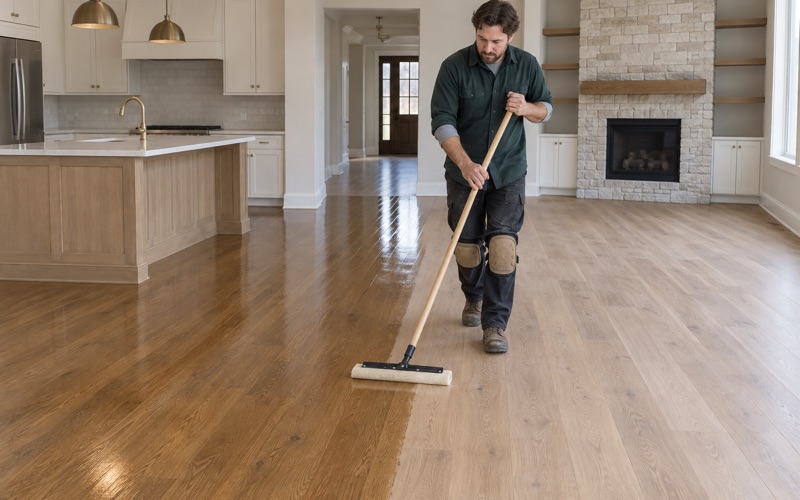 Finisher walking backwards with a flat applicator as a maintenance coat goes down over white oak in an Eden Prairie kitchen and great room.
