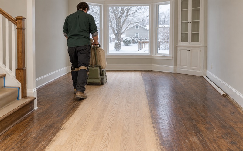 Worker running a drum sander down the length of an Eden Prairie dining room, the white oak behind the machine cut back to raw wood.