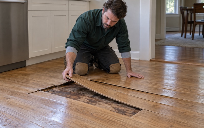 Technician raising the free end of a cupped white oak board beside an Eden Prairie kitchen, the sound boards and the swept subfloor showing either side of it.