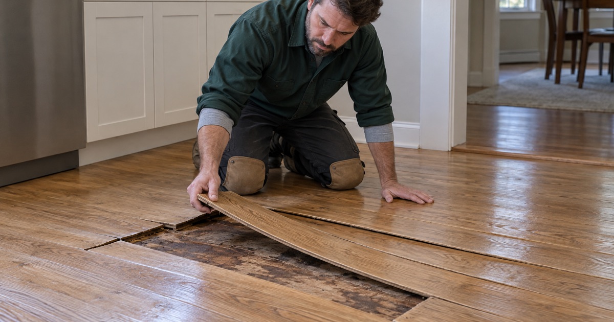 Technician raising the free end of a cupped white oak board beside an Eden Prairie kitchen, the sound boards and the swept subfloor showing either side of it.