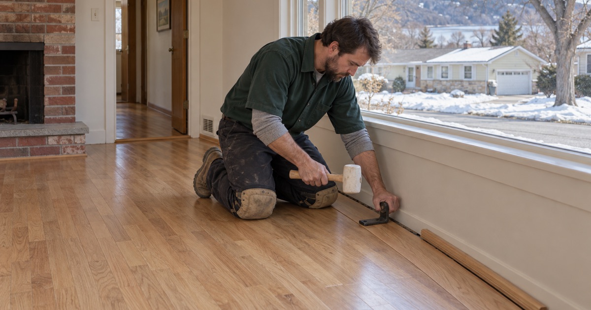 Worker seating the last course of white oak against the wall of a Bloomington mid-century house with a pull bar, ahead of a sale.
