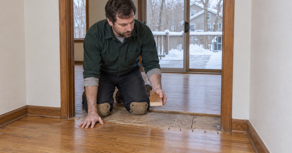 Worker holding up a cut end of old white oak at a Burnsville doorway to show how little wear layer is left above the tongue.