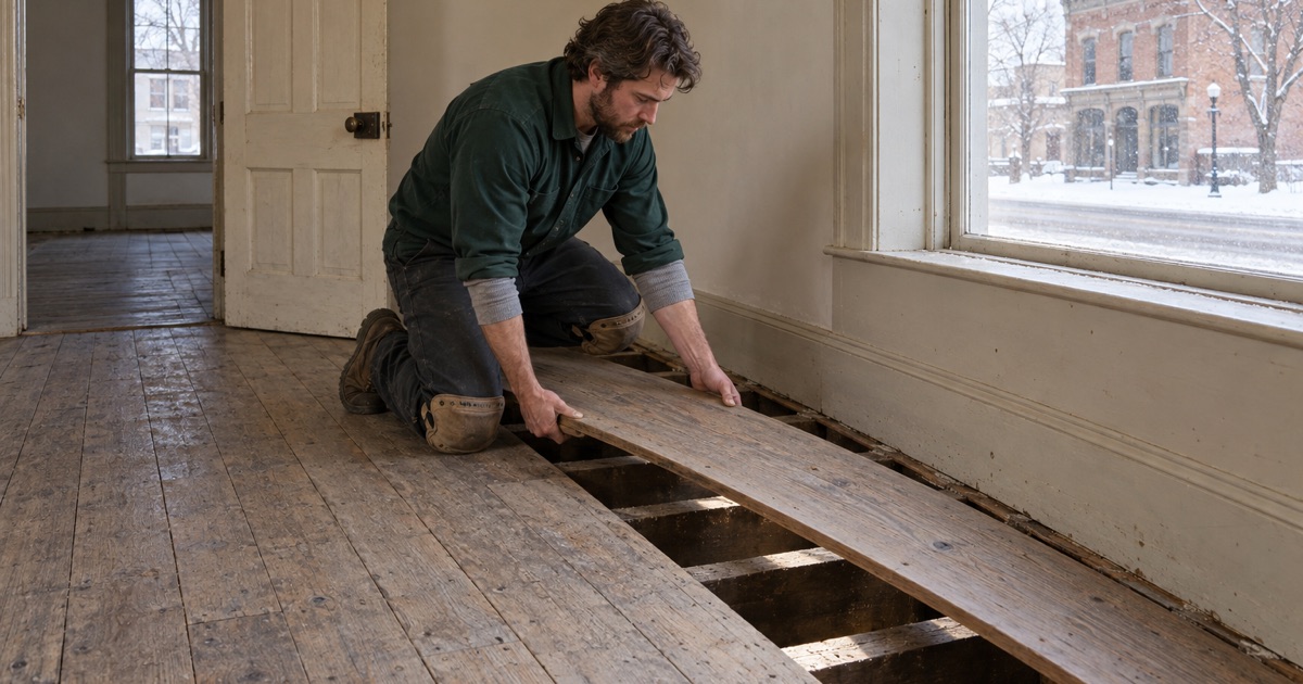 Worker easing a matched douglas fir board into a narrow board floor in a Chaska brick house from the 1870s, the joists showing beneath the opening.