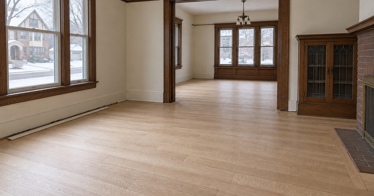 New quartersawn white oak boards laced into a hundred-year-old floor in an Edina prewar house, the join reading only as a change in tone.