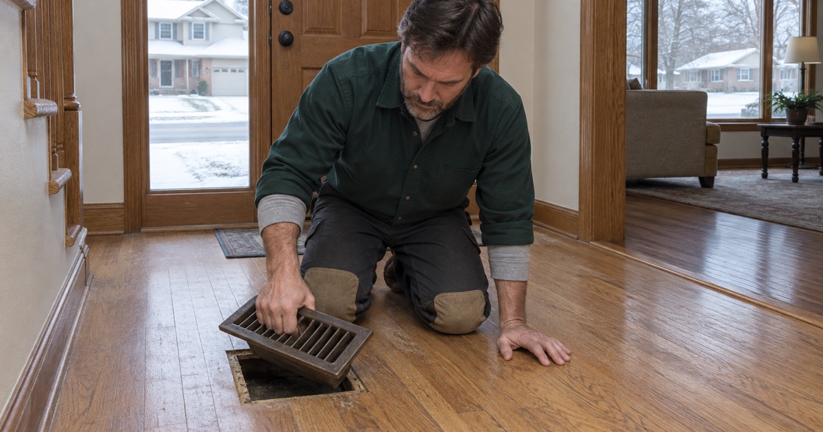 Worker lifting a cast floor register out of a Minnetonka floor, the cut edge showing the profile of the strip oak around it.