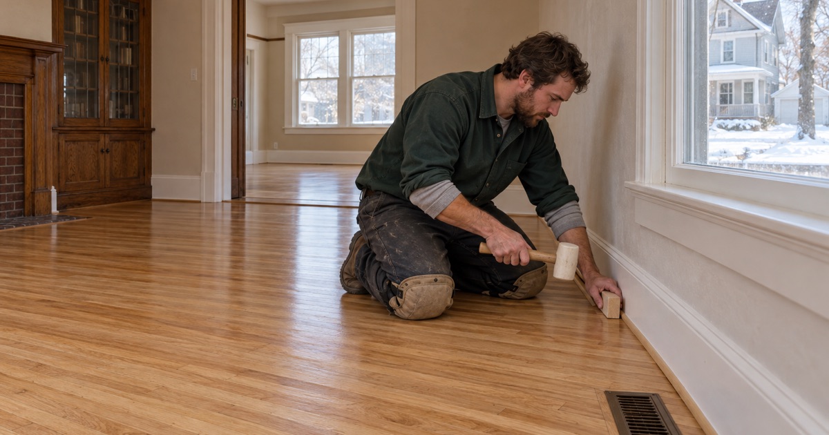 Worker closing up the perimeter of a refinished strip oak floor in a pre-1940 Mound house, plaster walls and picture rail intact.