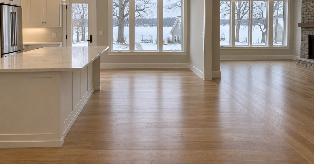 A finished white oak floor running through two rooms of a Prior Lake house lived in year-round, carrying even household wear rather than rental turnover.