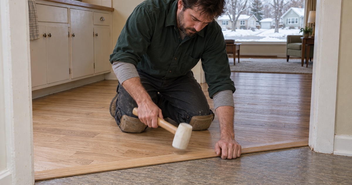 Worker setting a reducer at a Richfield kitchen doorway where new white oak boards meet the floor beyond, finishing a repair before a closing.