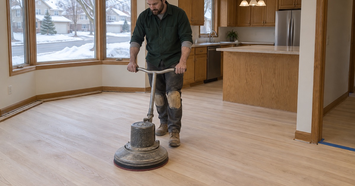 Worker running a buffer across freshly sanded white oak in a Savage house built in the 1990s, ahead of the first coat of finish.