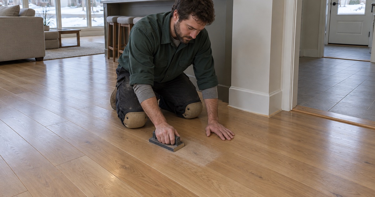 Worker abrading a test patch on a prefinished floor in a Shakopee house with a hand block, checking whether a recoat will bond to the factory finish.