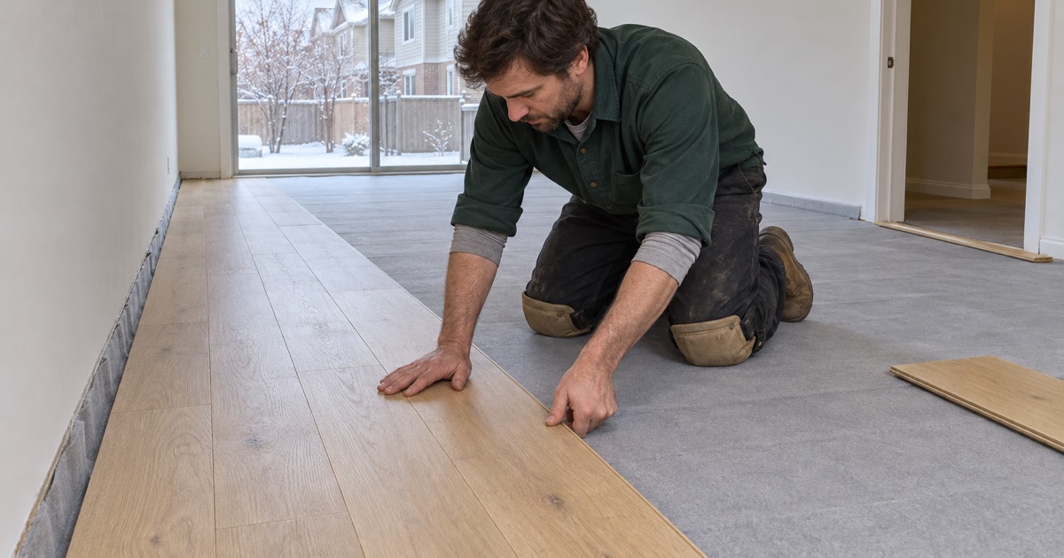 Worker closing up a course of engineered white oak plank in an owner-occupied Shorewood townhome, the party wall running down one side.