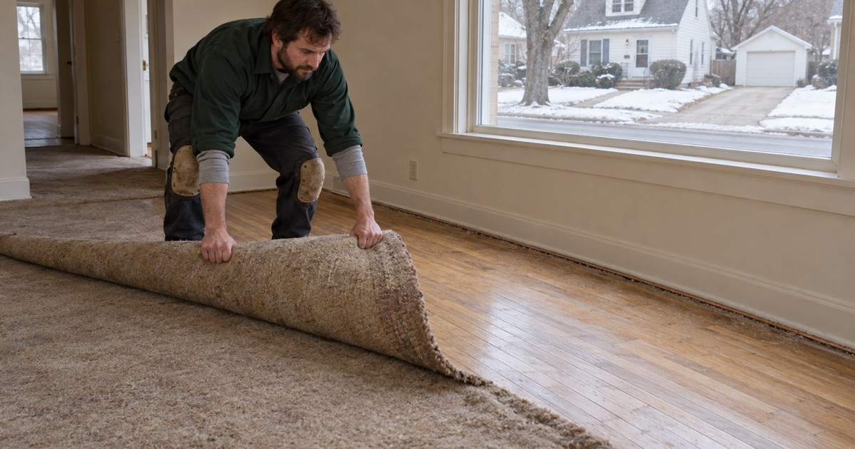 Worker rolling back old carpet in a St. Louis Park postwar house to reveal the narrow strip oak beneath it.