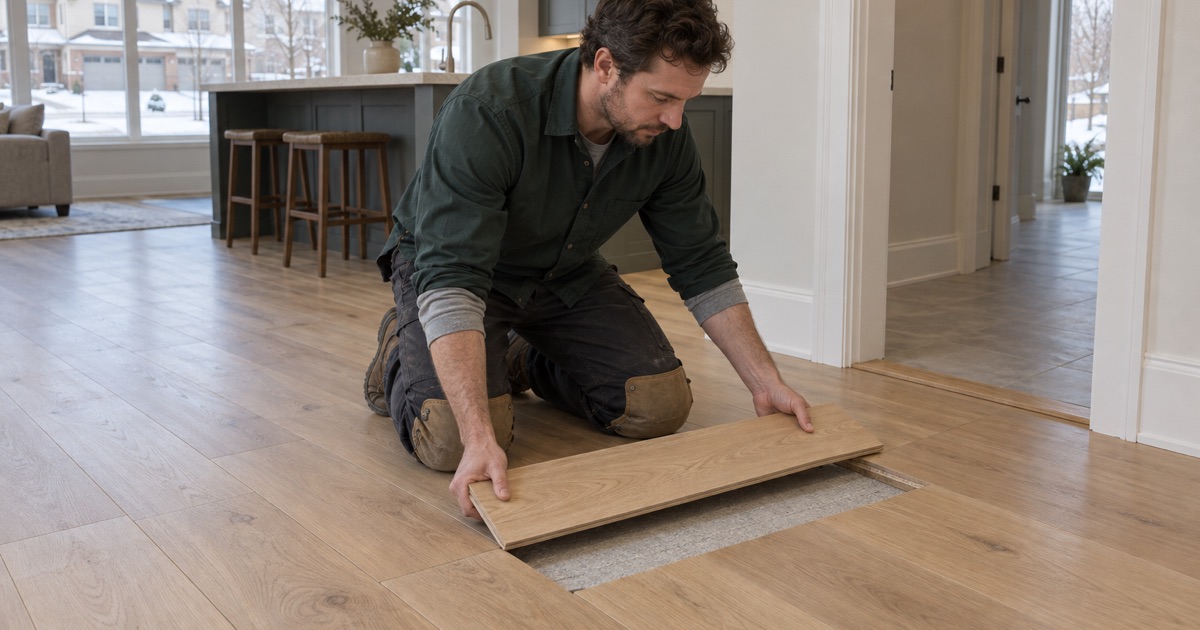Single-board replacement under way in a Victoria house built in the 2010s, with the rest of the floor untouched.