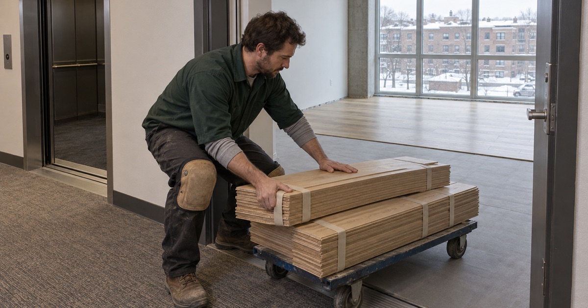 Worker taking engineered plank off a dolly at a Wayzata unit door, the floor going down on a structural deck rather than over soil.